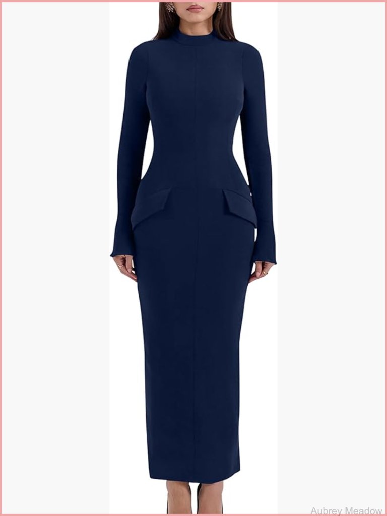 Long Sleeve Mock Turtle Neck Bodycon Pencil Dress With Back Slit